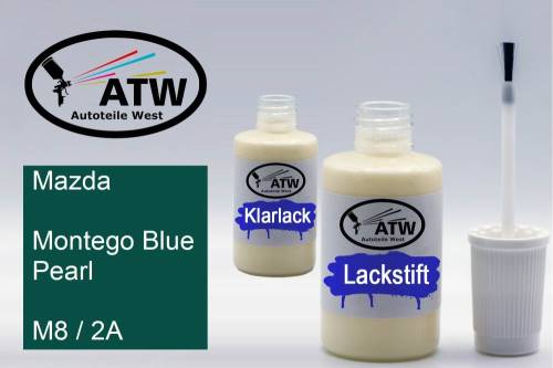 Mazda, Montego Blue Pearl, M8 / 2A: 20ml Lackstift + 20ml Klarlack - Set, von ATW Autoteile West.